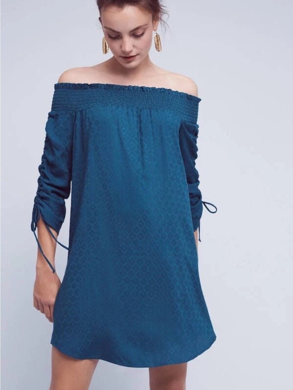 Anthropologie Amadi Dress M Teal Blue Off Shoulder Ruched Sleeve Boho Mini USA
